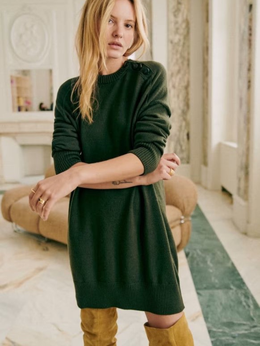 Sezane 100% Merino Wool Mathie Dress Khaki - Size S